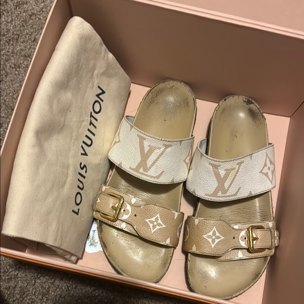 Louis Vuitton Cream and White Monogram Slides